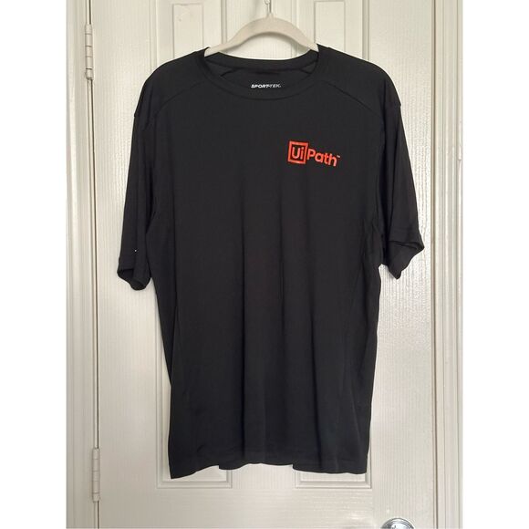 UiPath men’s black T-shirt with orange writing size large by sport-tek - Picture 1 of 4